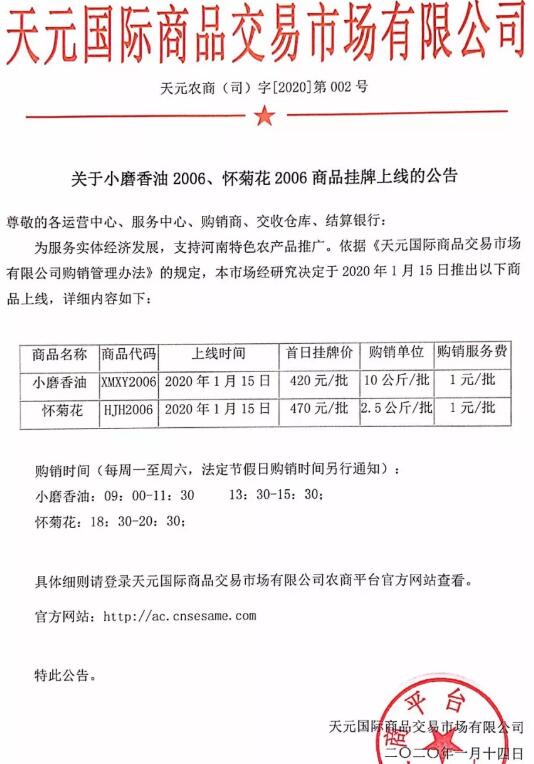2020.1.14：农产品以下现货品种上线购销的通知