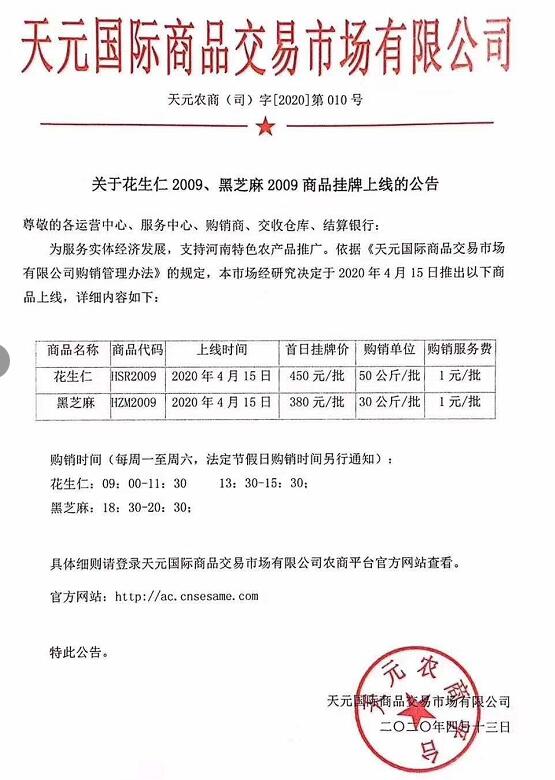 农产品关于花生仁2009、黑芝麻2009商品挂牌上线的公告