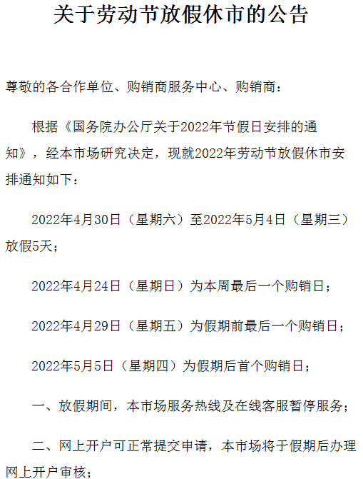 九龙湖商品2022关于劳动节放假休市的公告