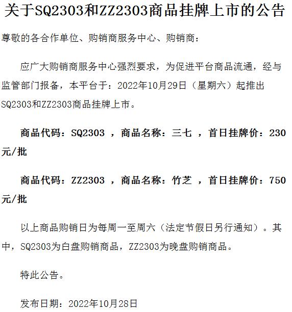 关于青岛北方农产品现货SQ2303三七和ZZ2303竹芝商品上市的公告